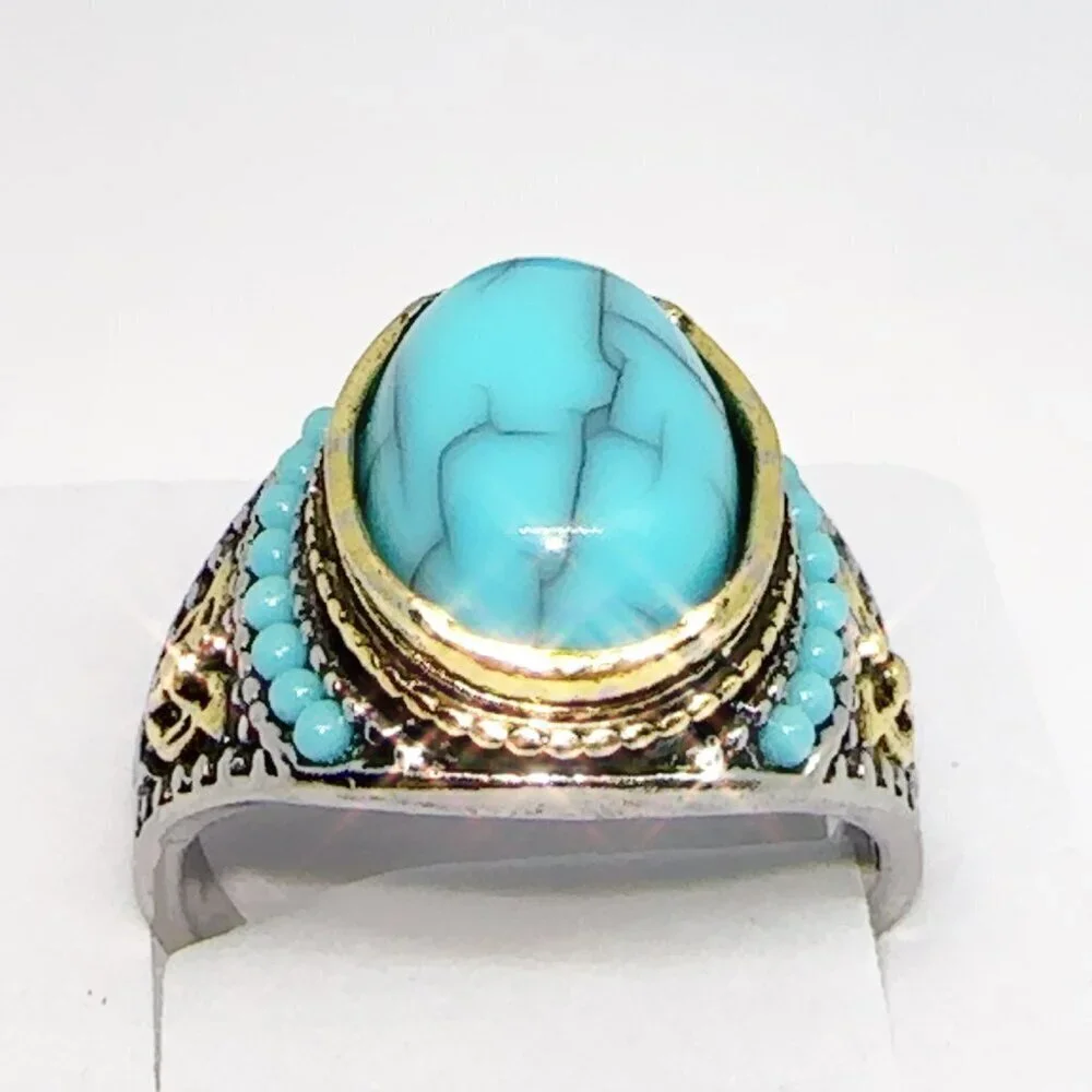 Mens Turquoise Ring Gold and Silver Accents Size 10